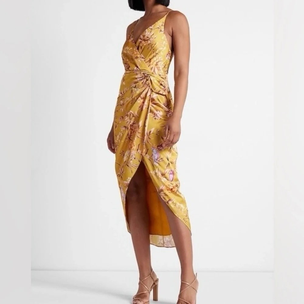 Express Satin Mustard Yellow Floral Bird Twist Front Tulip Midi Dress Size M